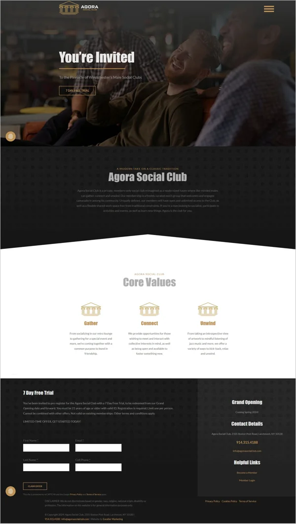 Screenshot of Agora Social Club's homepage with a hero section, Short About Us section, Core Values and contact information in the footer.