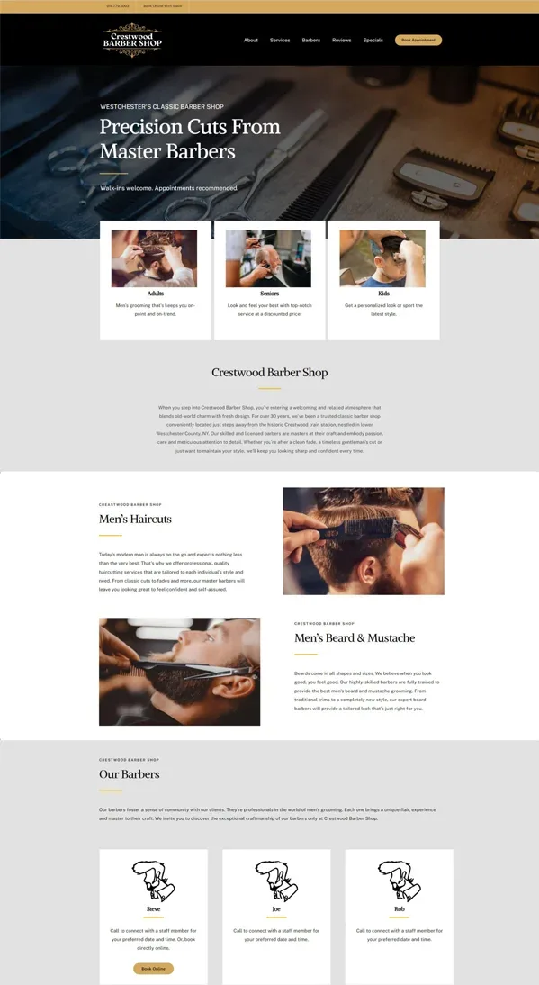 Screenshot of Crestwood Barber Shop's homepage with a hero section, services and Our Barbers.