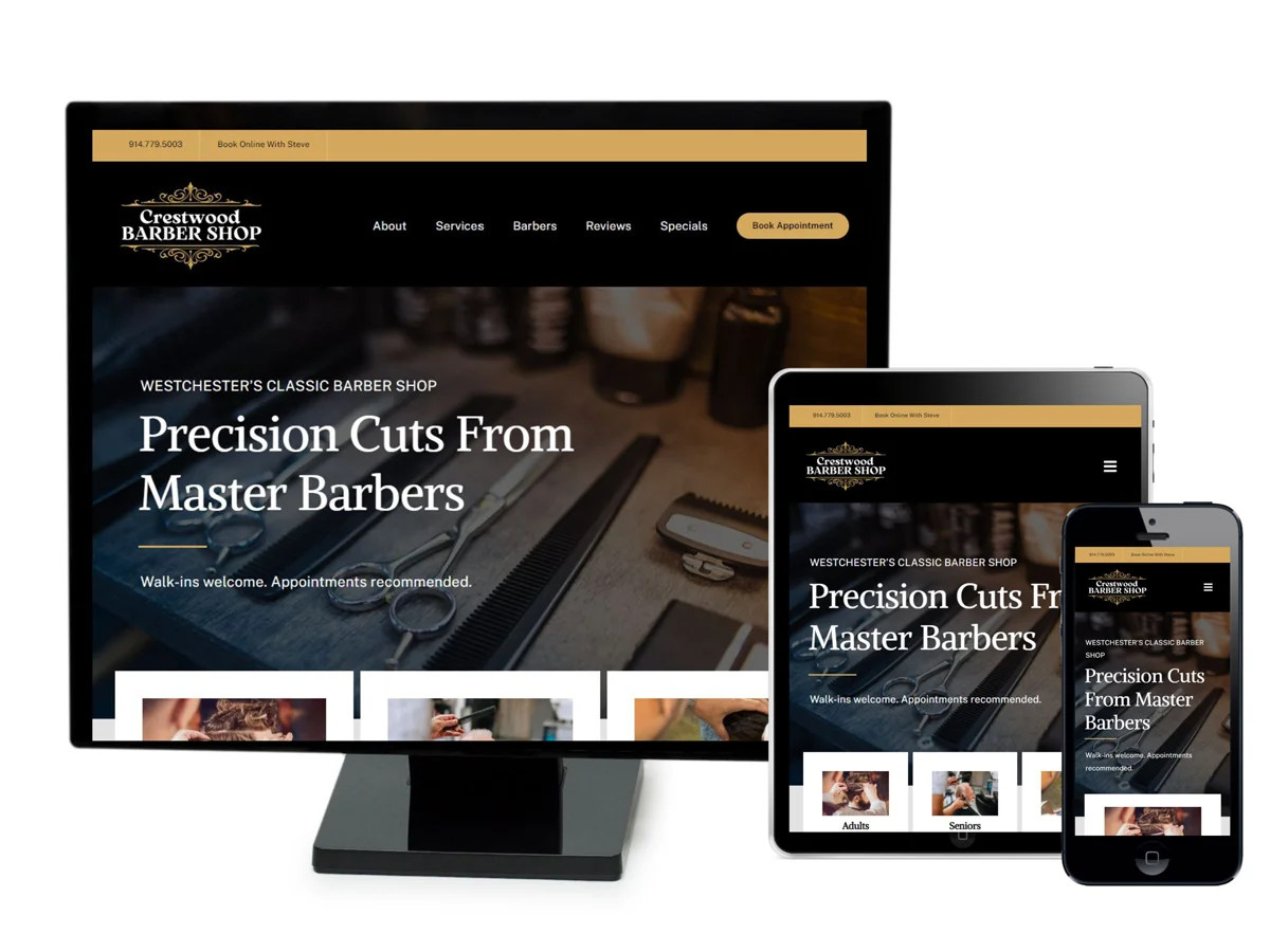 Screenshot of Crestwood Barber Shop's website on desktop, laptop and mobile phone.